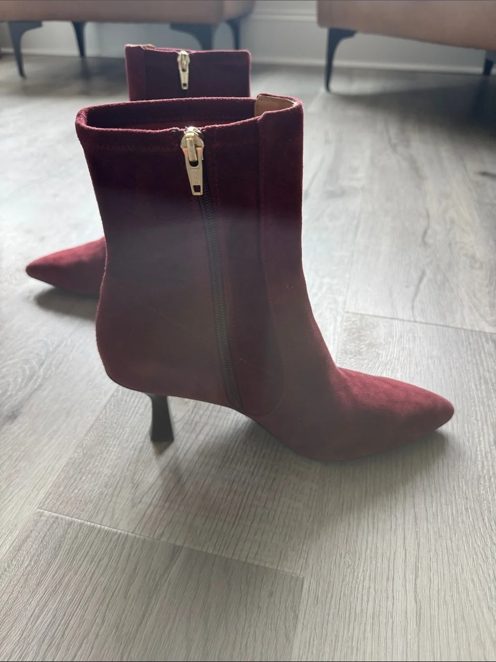 Madewell Pointed-Toe Burgundy Suede Ankle Booties with Side Zip